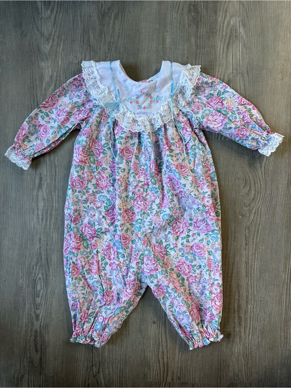 Cradle Togs Vintage Floral Pink Lace-Trim One-Piece with Wreath Embroidery